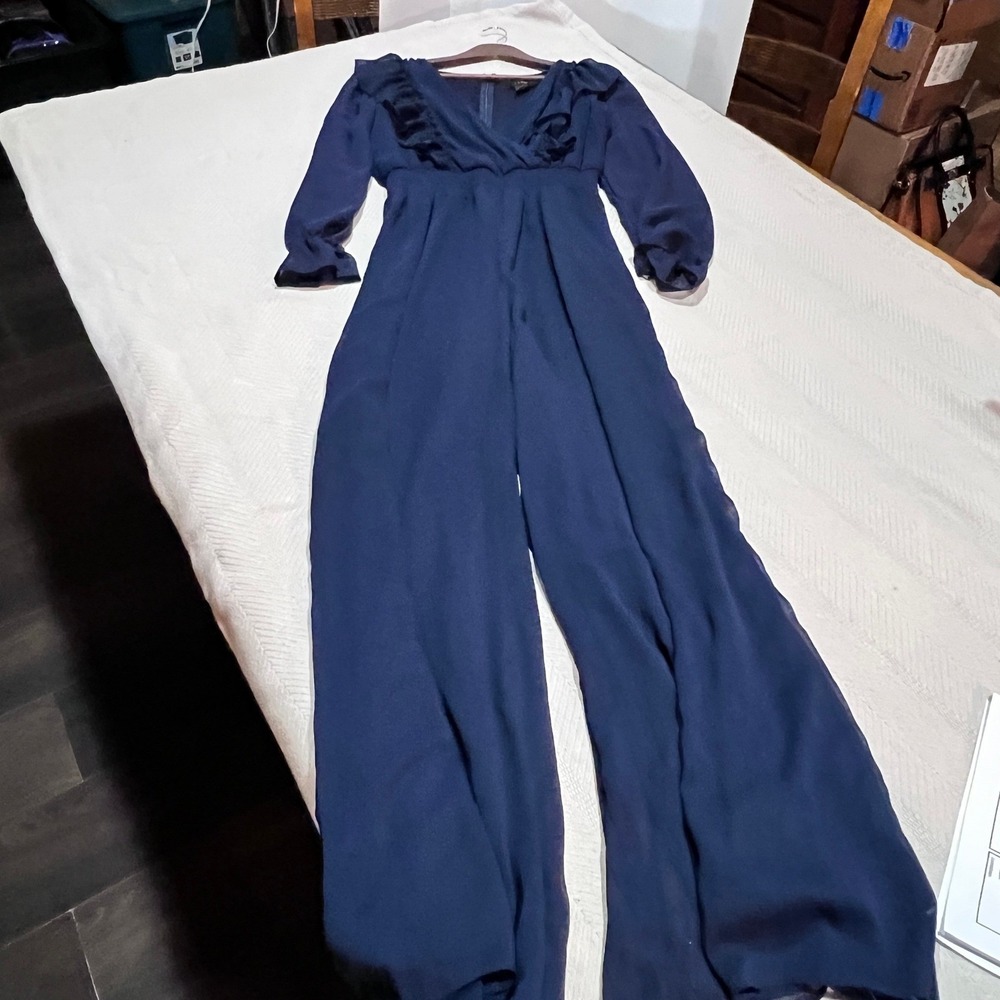 MSK Navy Chiffon Smocked Wide-Leg Ruffle V-Neck Boho Sheer Jumpsuit Women M